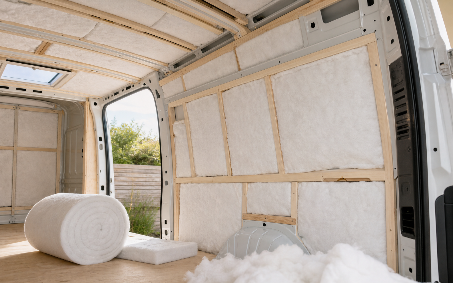 White polyester insulation fitted inside campervan wall and roof cavities